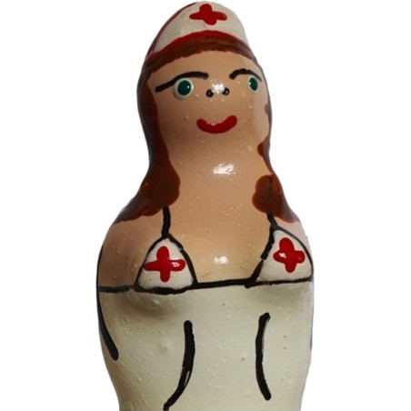 hand-painted decorative condom in the shape of a brown nurse