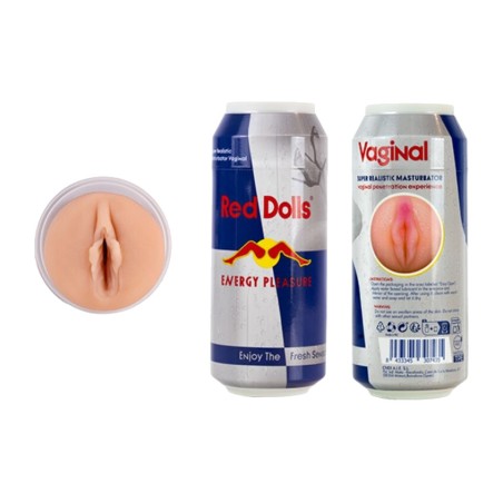 masturbator mit form einer energy-drink-dose und weiblicher vagina red doll