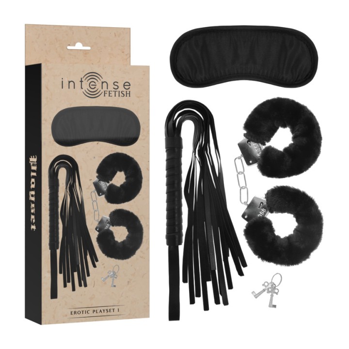 INTENSE Set erótico de esposas antifaz y látigo cuero