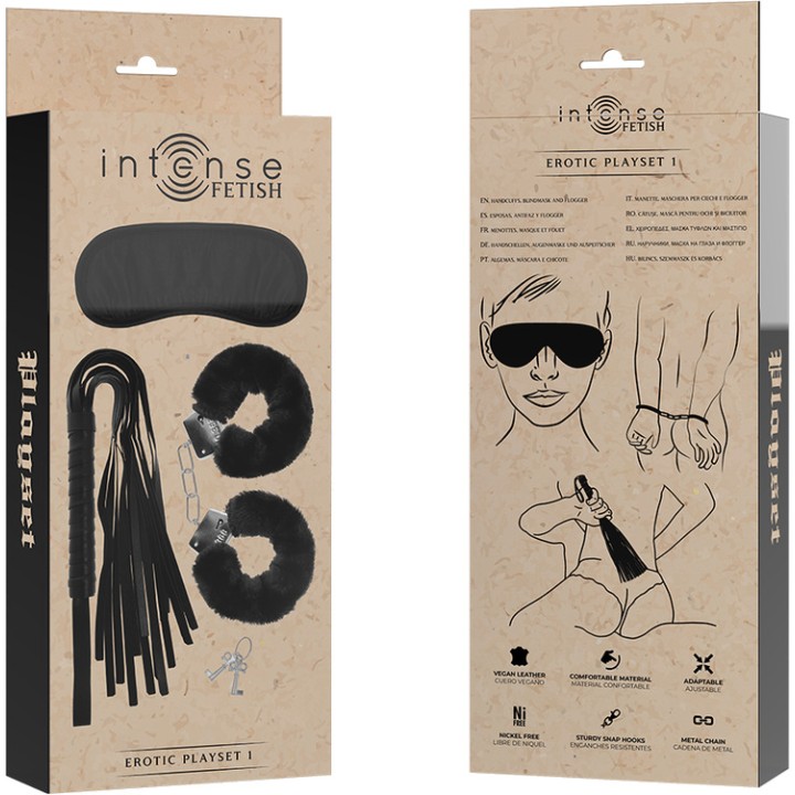 INTENSE Conjunto erótico de algemas, capuz e chicote couro
