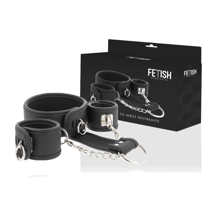 FETISH SUBMISSIVE Vegan leather cuffs and collar set with