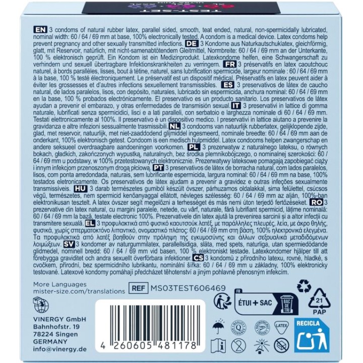 MISTER SIZE Sample pack of 3 ultra-thin condoms in different
