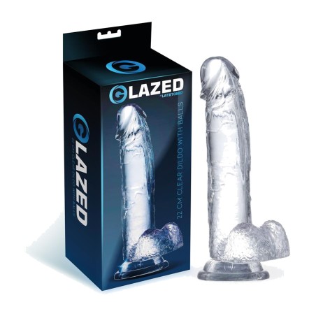 realistický dildo s semenníkmi z číreho materiálu 22 cm