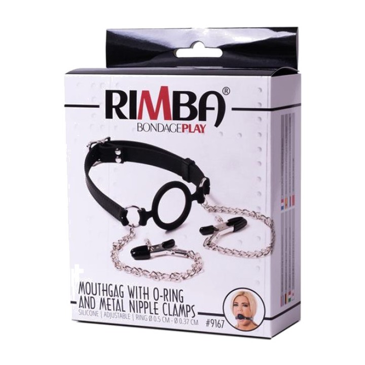 LATEX PLAY Mordaza de aro con pinzas para pezones R9167