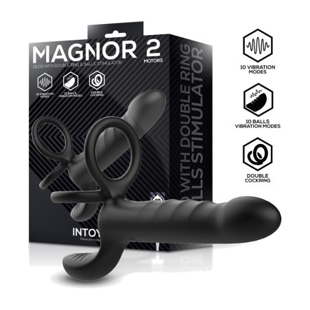 vibrerande dildo med dubbelring och testikelstimulator magnor