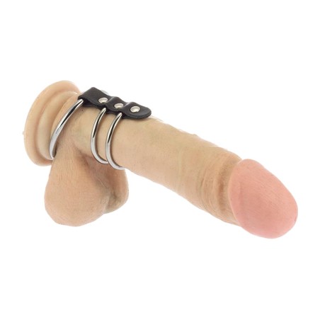 inel pentru penis cu 3 inele metalice și bandă de piele