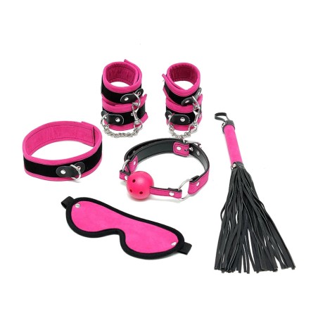 set bondage cu mască pentru ochi, cătușe, căluș, guler și flogger 6