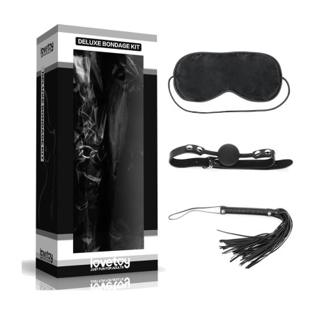 kit bondage con antifaz, mordaza y flogger deluxe