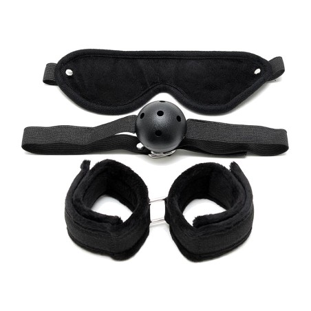 set bondage cu mască pentru ochi, căluș cu bilă și cătușe 3