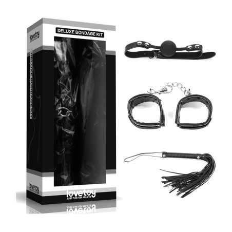 kit bondage avec bâillon, menottes et martinet deluxe