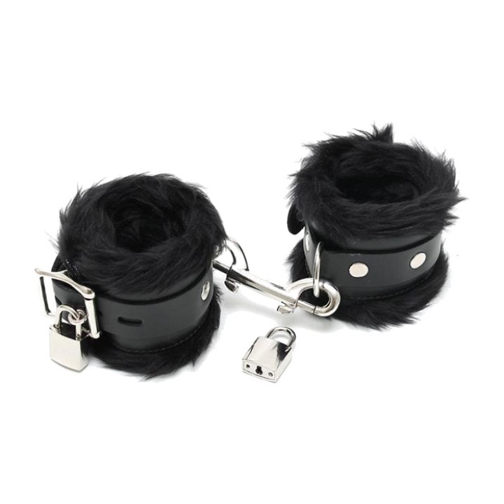 BONDAGE PLAY Cătușe din piele căptușite cu blană, cu lacăte