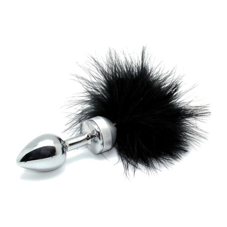 analplug af stål med pompon af fjer 73 mm