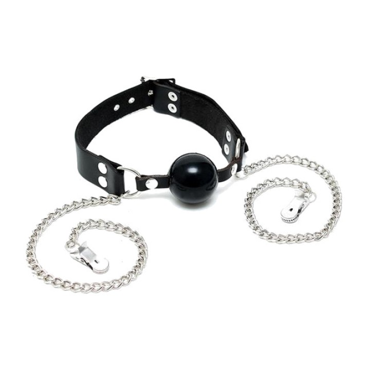 BONDAGE PLAY Mordaça de bola com pinças para mamilos R7975