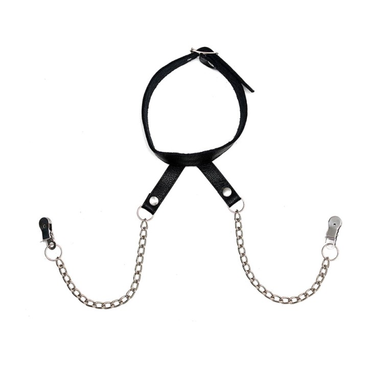 BONDAGE PLAY Collar de cuir amb cadenes i pinces per als