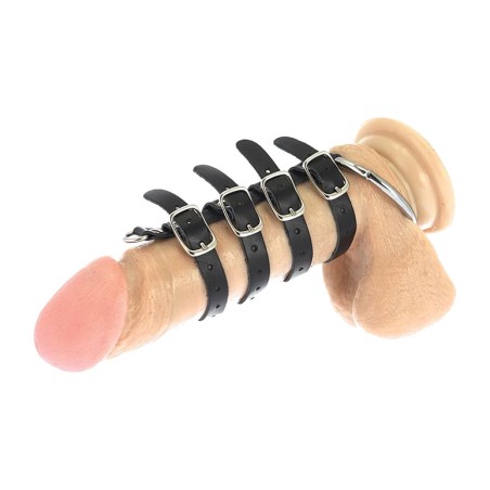 koženy postroj na penis so 4 prezkami a krúžkom na semenníky