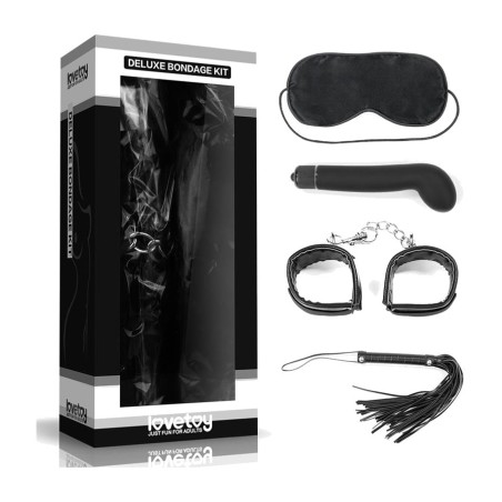 bondage kit with flogger, handcuffs, blindfold and g-spot vibrator deluxe